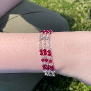 Red and white hand beaded Swarovski crystal bracelet